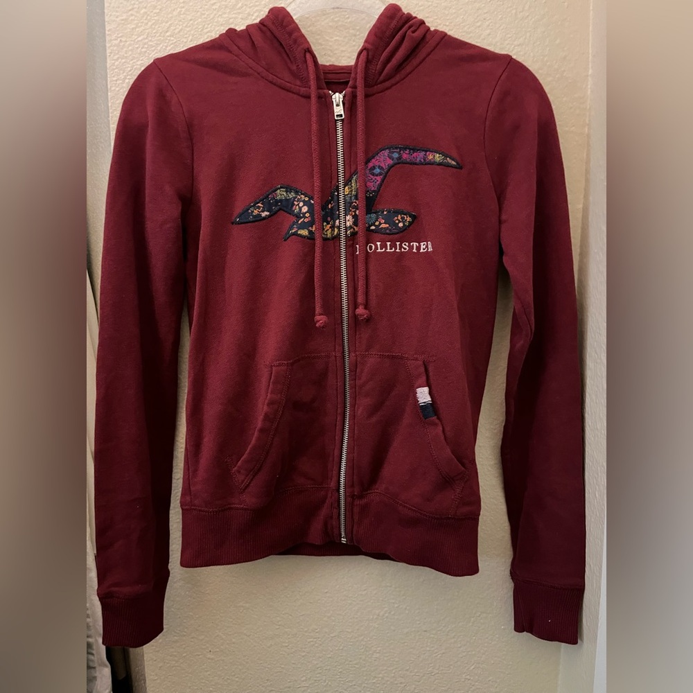 Hollister Dark Red Zip-Up Hoodie with Floral Logo